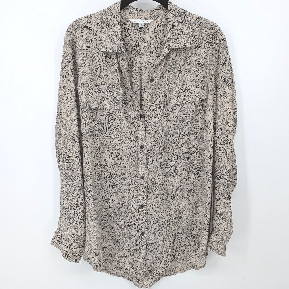 Cabi Silk Button Down Top Women Large Tan‎ Black Paisley Abstract Long Sleeve